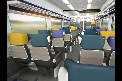 Impression of the interior of an Alstom Coradia Liner trainset for SNCF.